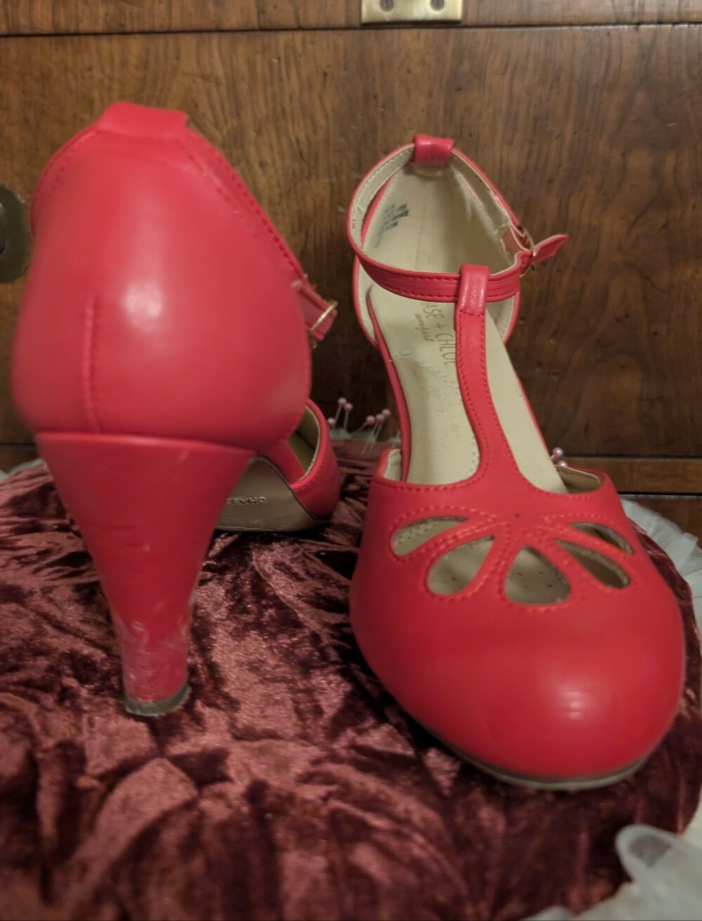 Vintage Retro Pin Up Lipstick Red T-Strap Women's Heels Pumps Cutout Peep Sexy